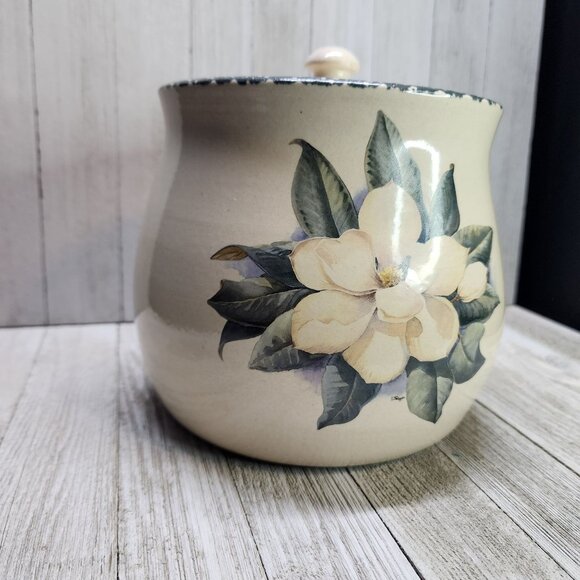 Vtg Casey Pottery Marshall Texas Stoneware Cookie Jar Lid Magnolia Flower 1998 - Picture 3 of 10